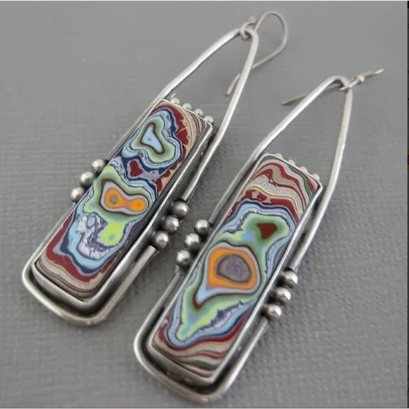 Hand Crafted Jewelry - Boho Vintage Spiral Marble Pattern Colorful Stone Drop Earrings